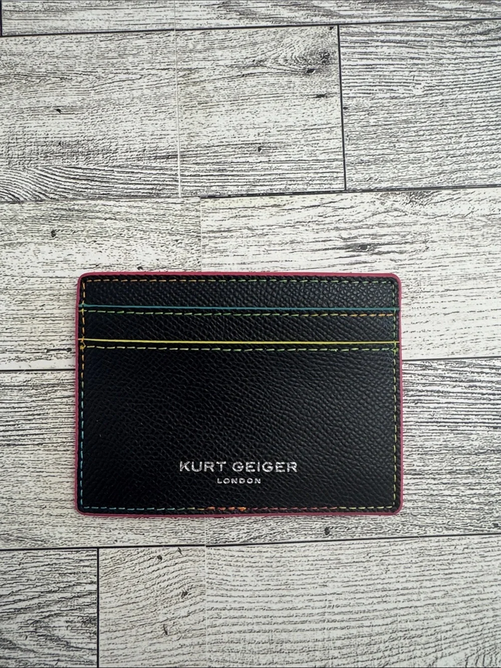 Kurt Geiger Black Leather Card Holder with Multicolor Stitching